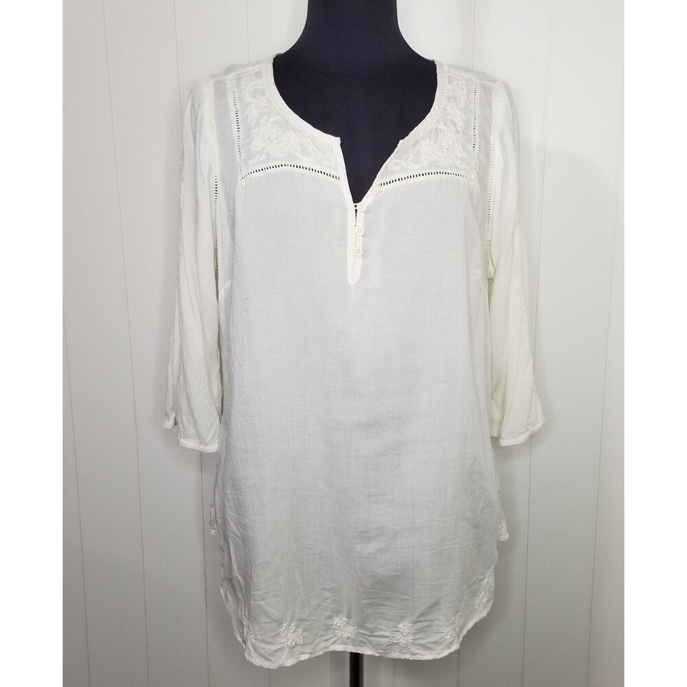 Lucky Brand Women's Top Size 1X Ivory Embroidered Boho Floral Long Sleeve